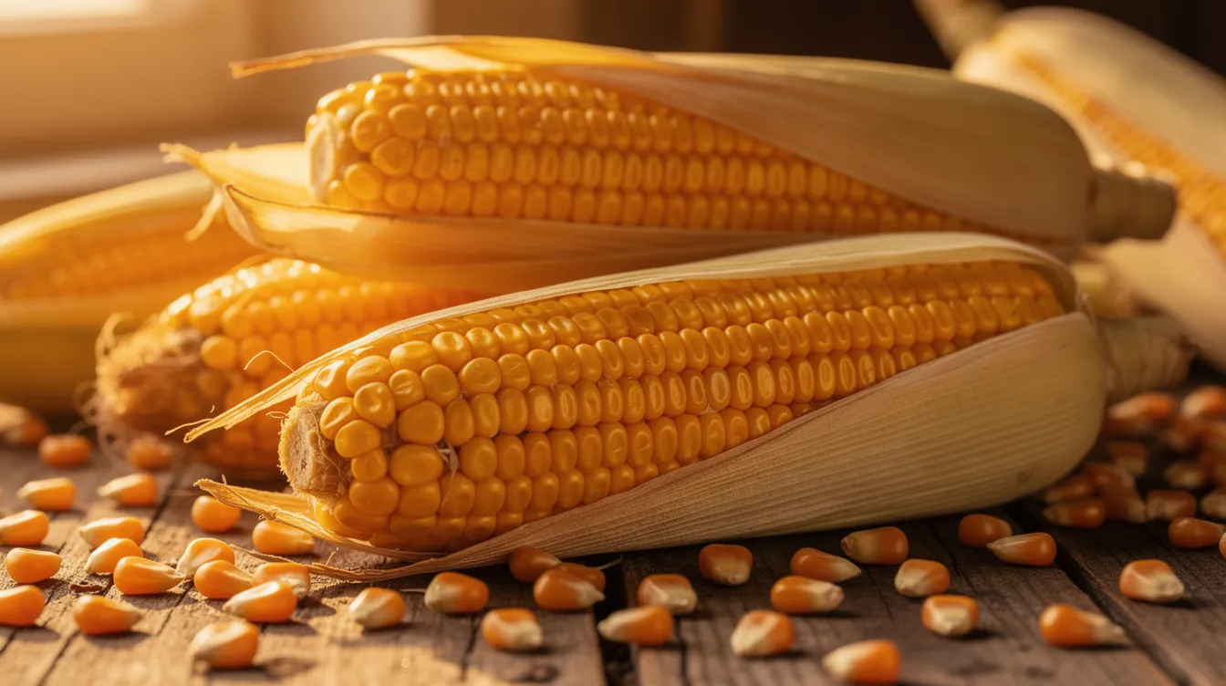 797f5f4f aa68 423f b25f c5d4a187b0ac The image features golden maize cobs and kernels beautifully arranged on a wooden surface, illuminated by warm agricultural light, highlighting their vibrant color and texture. This visual representation emphasizes the importance of maize grain in various industries, including food processing and the maize processing industry.