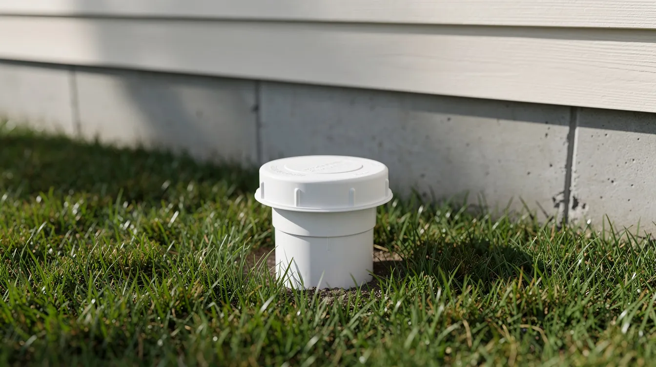 The image depicts a residential backyard featuring a white PVC clean out cap situated near the home's foundation, surrounded by lush green grass. This clean out serves as an access point for maintenance and potential sewer line repairs, helping to prevent issues like clogged sewer lines and ensuring the efficiency of the home's drain system.