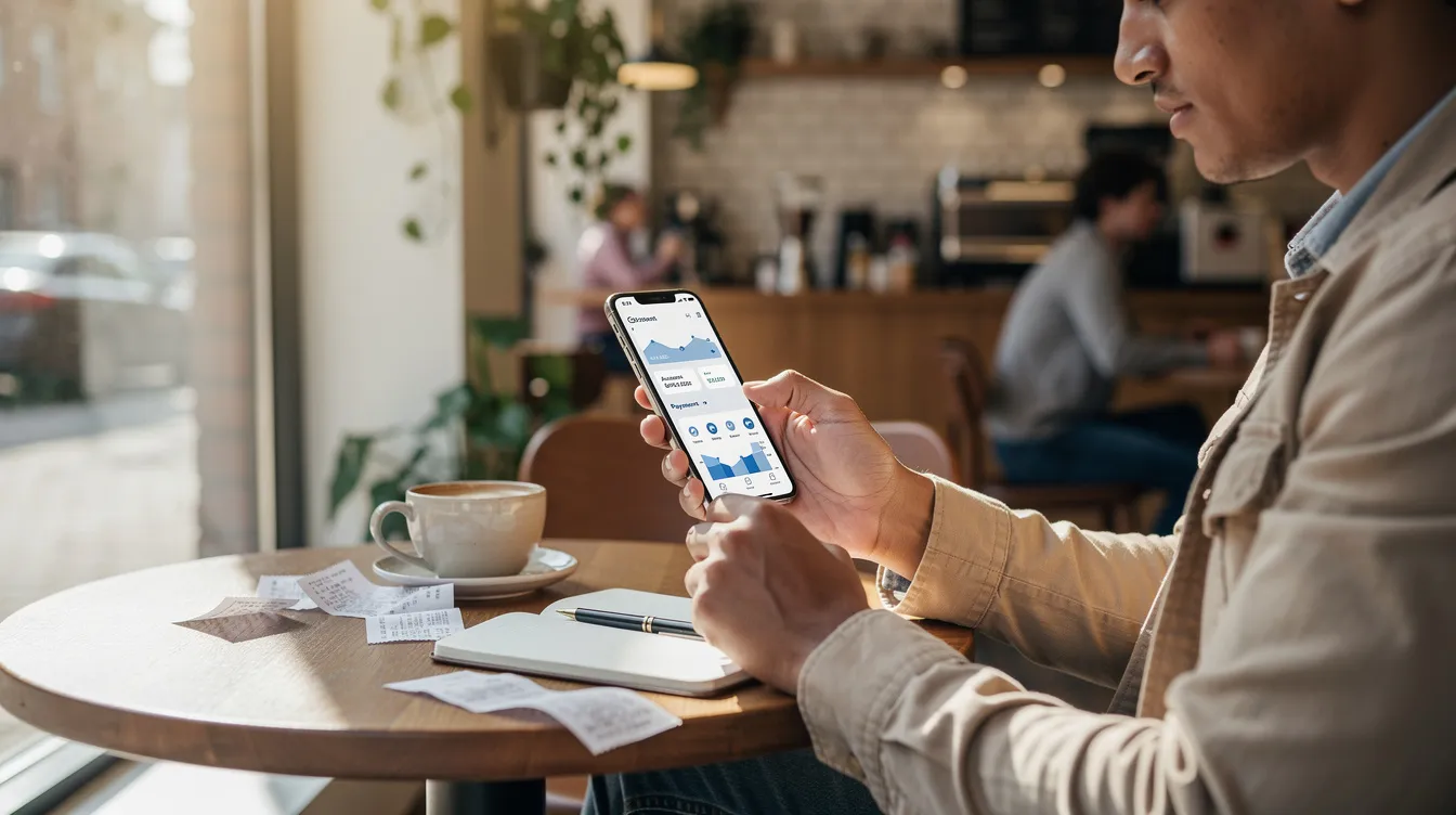 A person is sitting at a café table, using a smartphone to access their banking services through a mobile app. The scene reflects the convenience of digital banking, highlighting the growing trend of managing Finnish bank accounts and transactions on-the-go.
