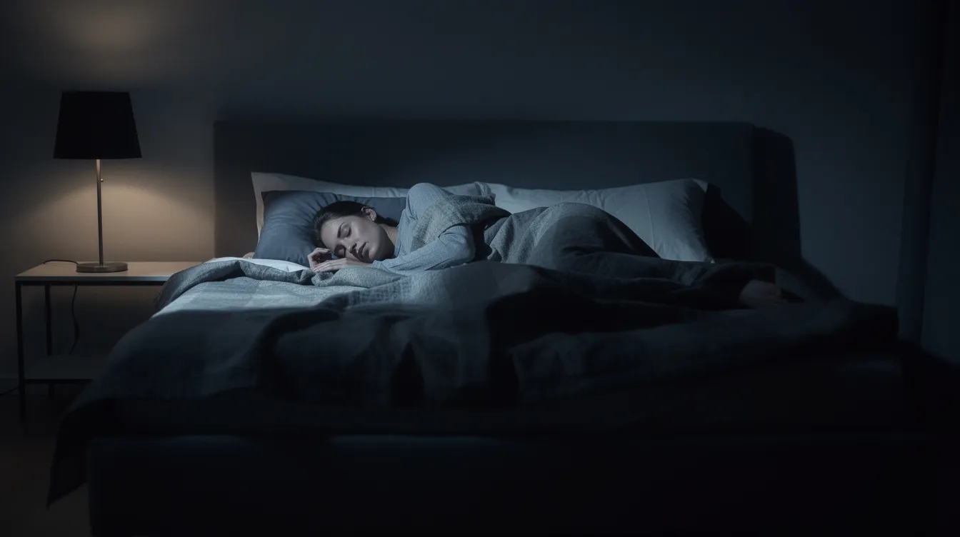 A person is sleeping peacefully in a dark bedroom, with minimal light creating a serene atmosphere conducive to quality sleep. This scene highlights the importance of good sleep for mental health and overall well-being, as insufficient sleep can lead to cognitive decline and various sleep disorders.