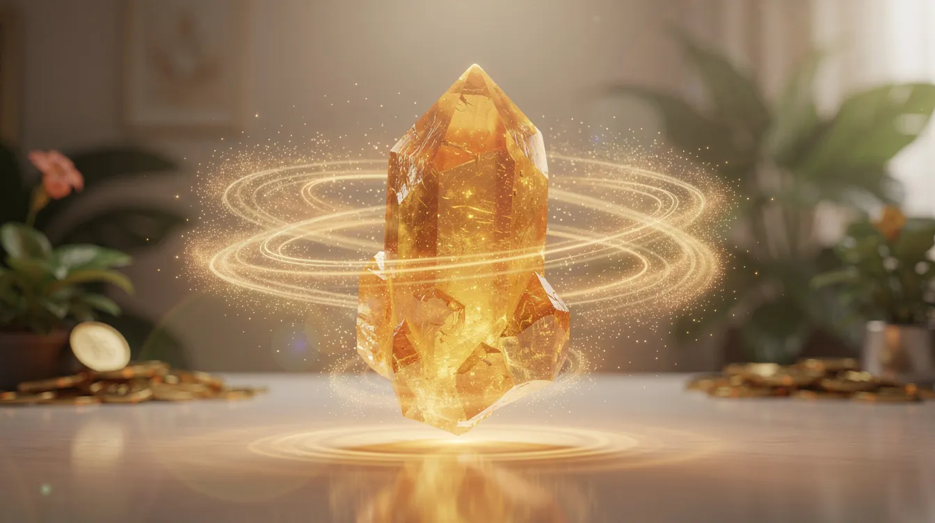 The image features a vibrant, golden yellow citrine stone, known for its healing properties and ability to attract positive energy and abundance. This natural citrine crystal, resembling a piece of yellow topaz, is often used in crystal healing to enhance self-confidence and dispel negative energy.