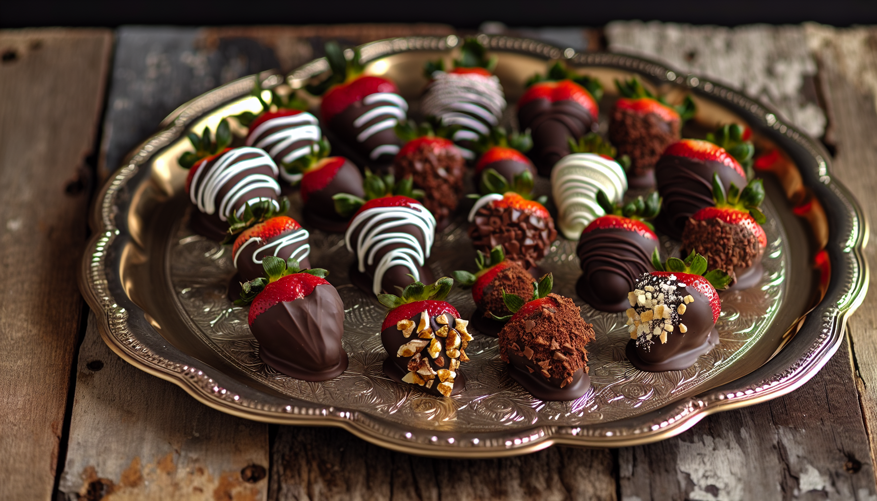 Decorated chocolate-covered strawberries on a serving tray