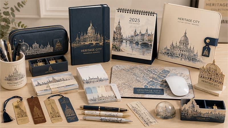 Personalized stationery and desk souvenirs, including notebooks, calendars, bookmarks, pens, a mouse pad, and desk accessories