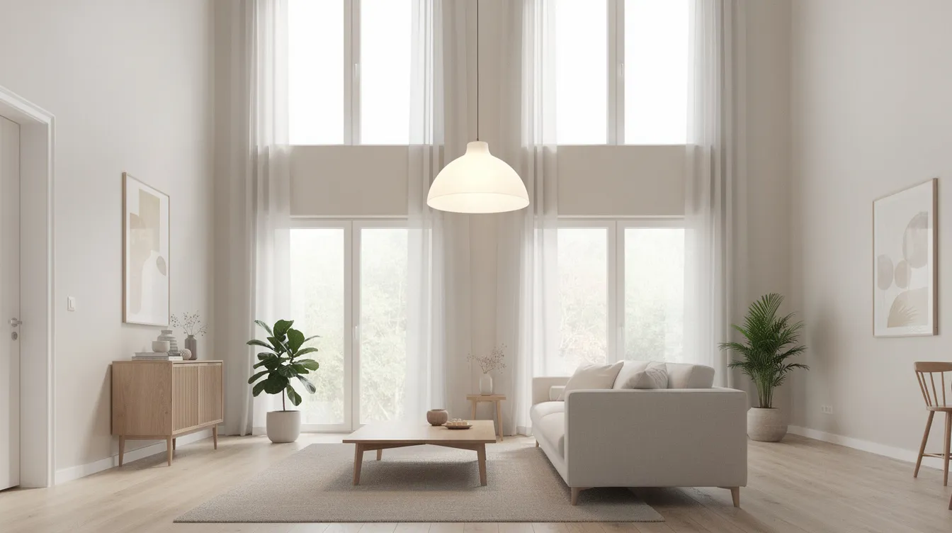 Ett ljust vardagsrum med högt i tak, där en stor hängande taklampa ger en modern belysning och skapar en inbjudande atmosfär. Rummets storlek förstärker känslan av rymd och stil, vilket gör det till en perfekt plats för avkoppling.