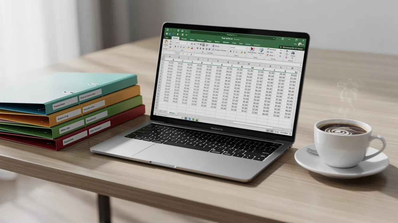 The image depicts a neatly organized desk featuring folders, a laptop displaying a spreadsheet, and a cup of coffee, creating a conducive workspace for small business owners to manage their business finances and explore funding options for their ventures. This setup reflects a professional environment that supports the planning and operational needs of established businesses and startups alike.