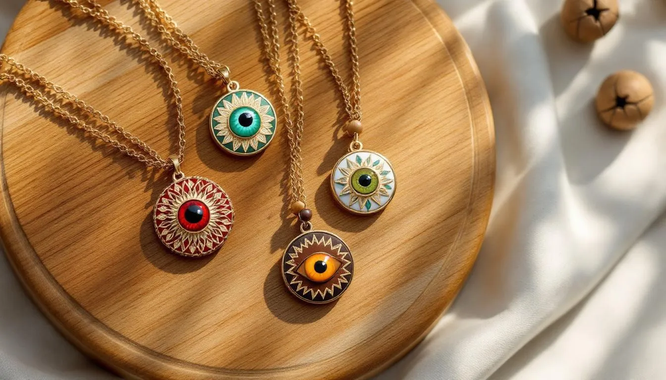 The image showcases a diverse selection from the evil eye jewellery collection, featuring necklaces in various colors such as deep blue, red, green, and brown. Each piece is designed to symbolize different meanings, like strength, growth, and grounding, making them perfect for anyone looking to wear a meaningful accessory that wards off negativity.