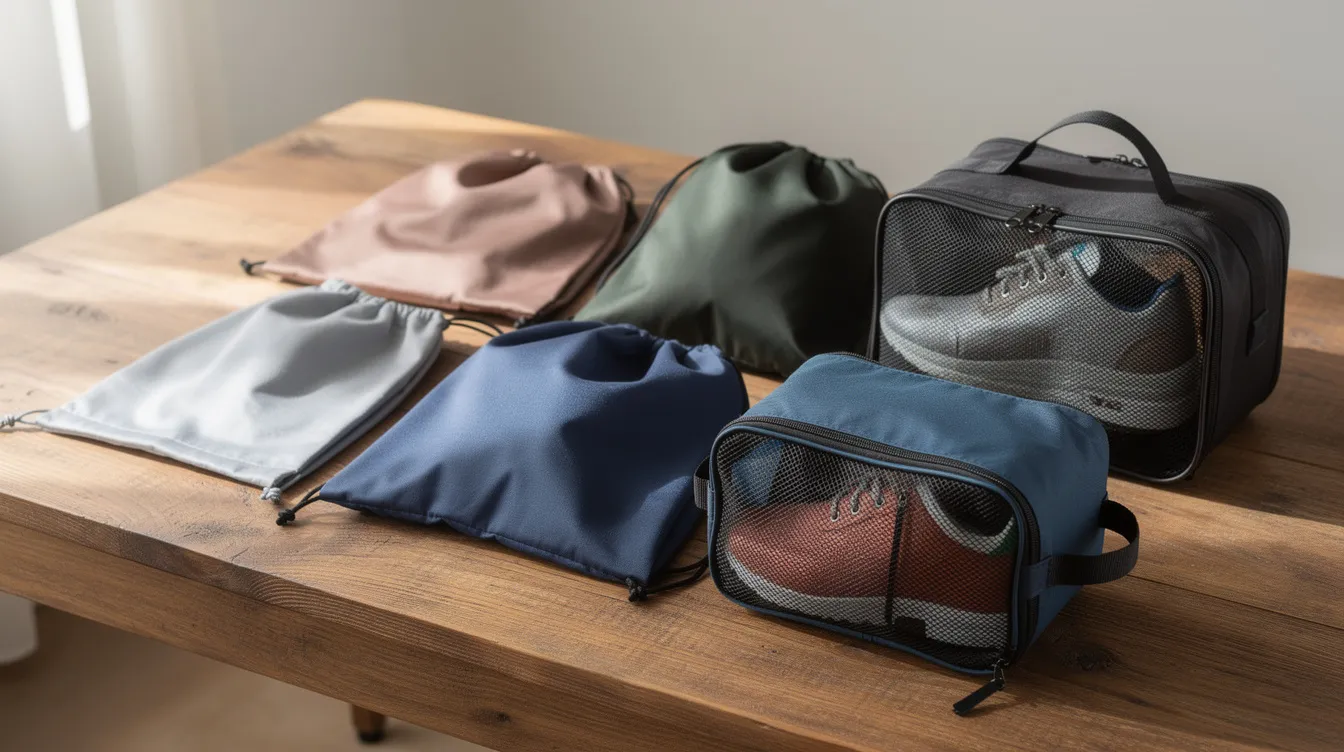 The image showcases a variety of shoe bags for travel, including drawstring, zippered, and mesh styles, all neatly arranged on a wooden table. These durable and lightweight bags are perfect for organizing and protecting your shoes, whether they're bulky hiking boots, flip flops, or gym shoes, ensuring they stay clean and odor-free during your travels.