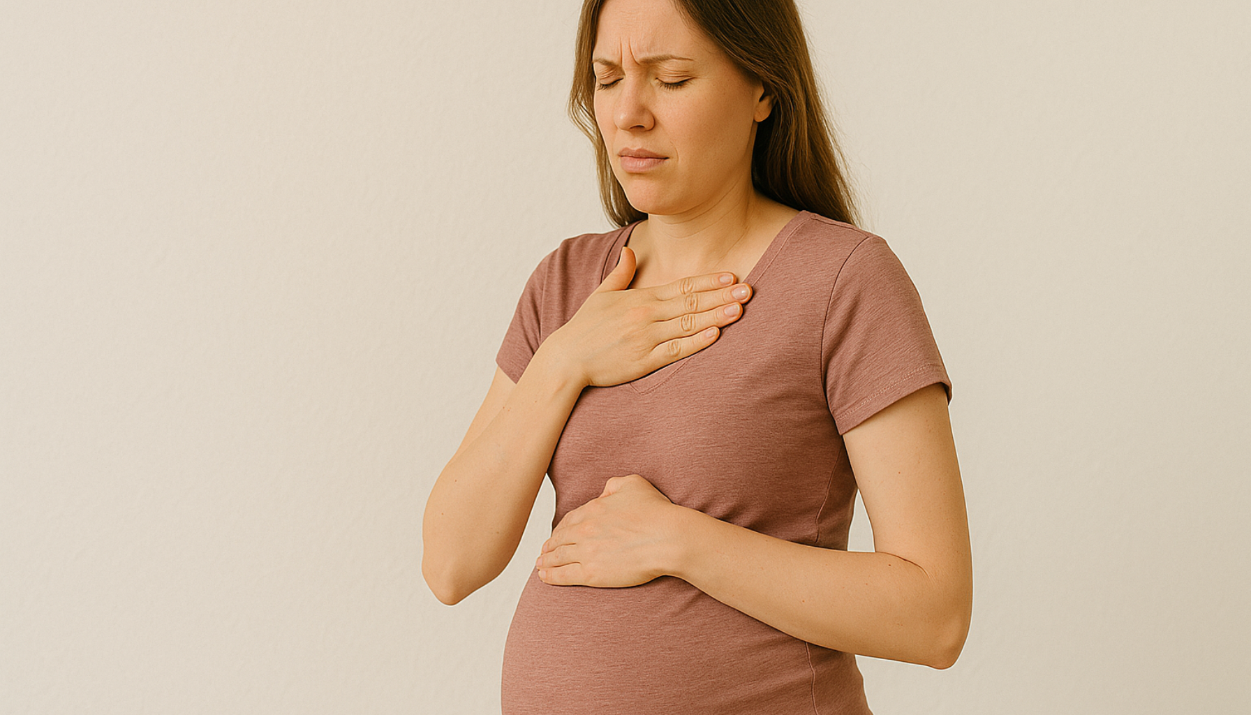 Gravid kvinne som holder hånden mot brystet i ubehag foran en lys og nøytral bakgrunn.