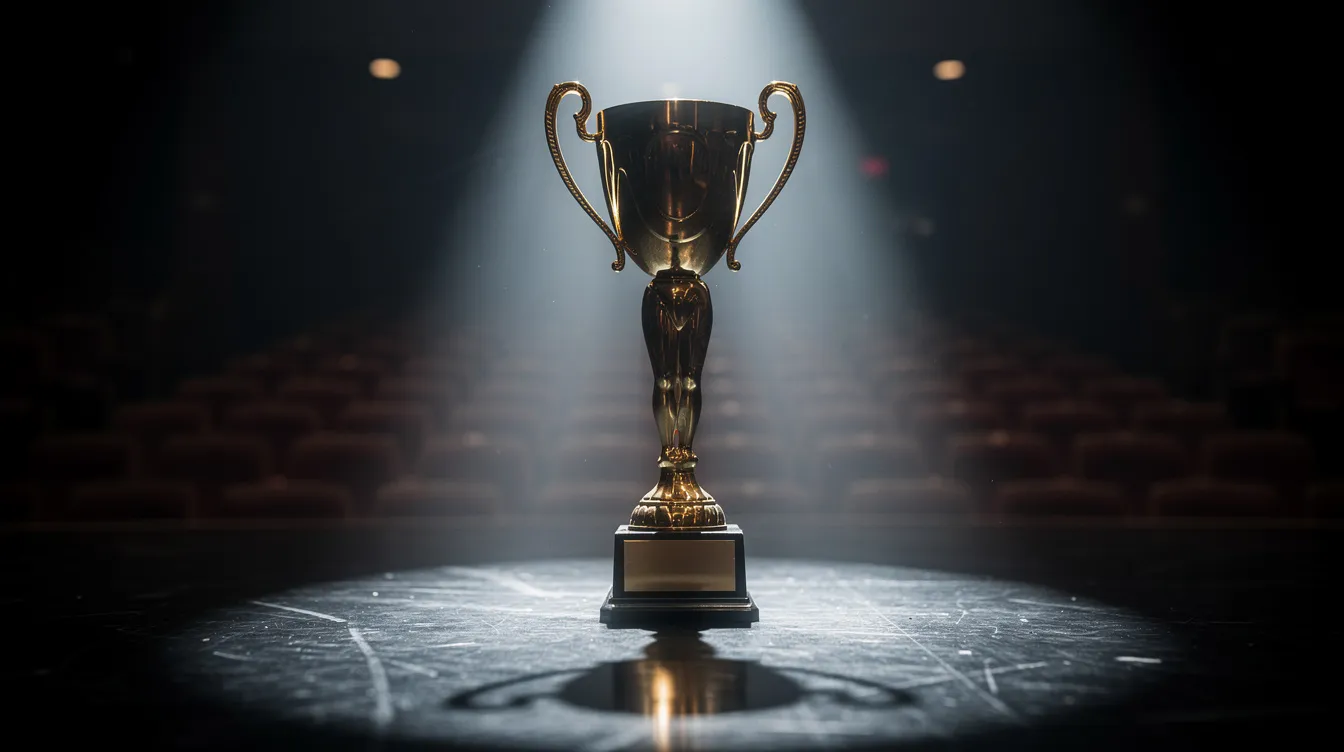 Das Bild zeigt eine vergoldete Trophäenstatue auf einer Bühne, die von dramatischer Beleuchtung umrahmt wird. Diese Szene könnte an eine Oscar-Verleihung erinnern, bei der Schauspieler wie Leonardo DiCaprio für ihre herausragenden Leistungen geehrt werden.
