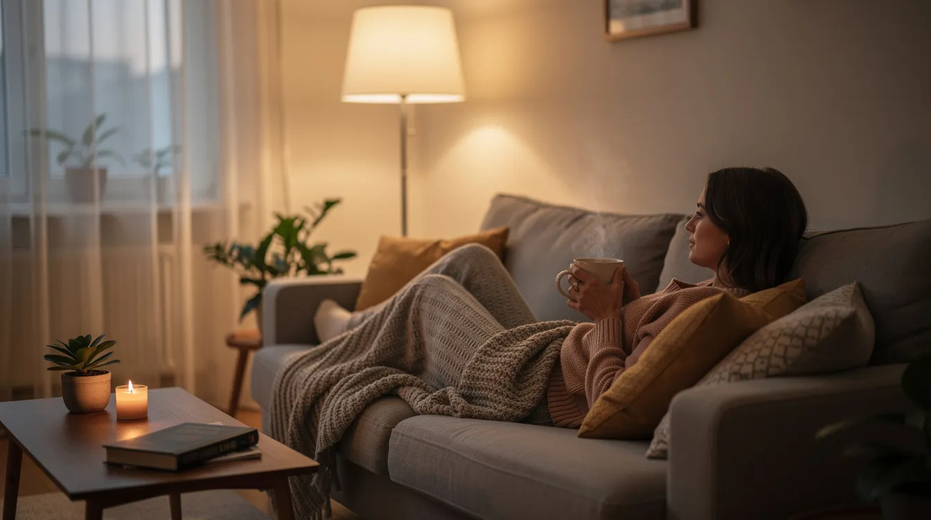 The image depicts a person comfortably relaxing on a couch in a serene living room, holding a warm beverage. The cozy setting invites a sense of calm, reminiscent of the peaceful atmosphere often enjoyed by those who appreciate hemp-derived products, which are legal in New Mexico under the hemp manufacturing act.