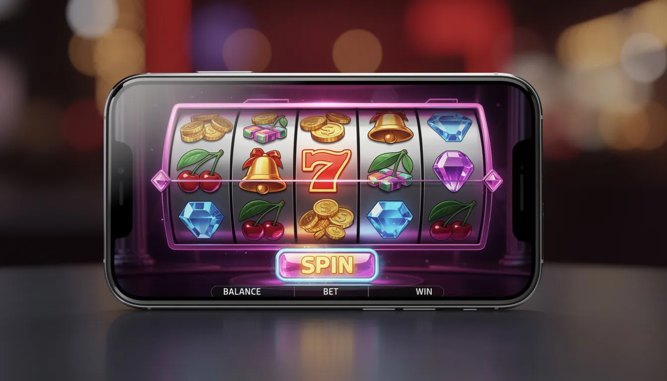 En mobiltelefon visar ett färgglatt casinospel med livliga grafik och spännande slotsdesign. Spelet, som har influenser från Hacksaw Gaming, erbjuder en underhållande spelupplevelse med sina färgglada teman.