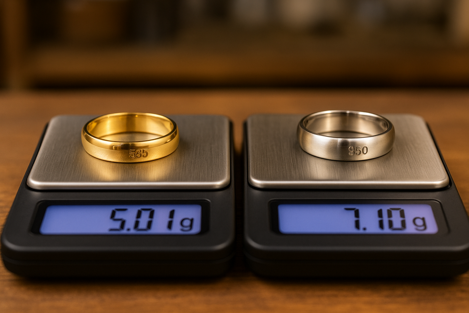 Ant dviejų juvelyro svarstyklių padėti vestuviniai žiedai – kairėje geltono aukso žiedas su 585 prabos ženklu ir svoriu 5.01 g, dešinėje platininis žiedas su 950 prabos ženklu ir svoriu 7.10 g