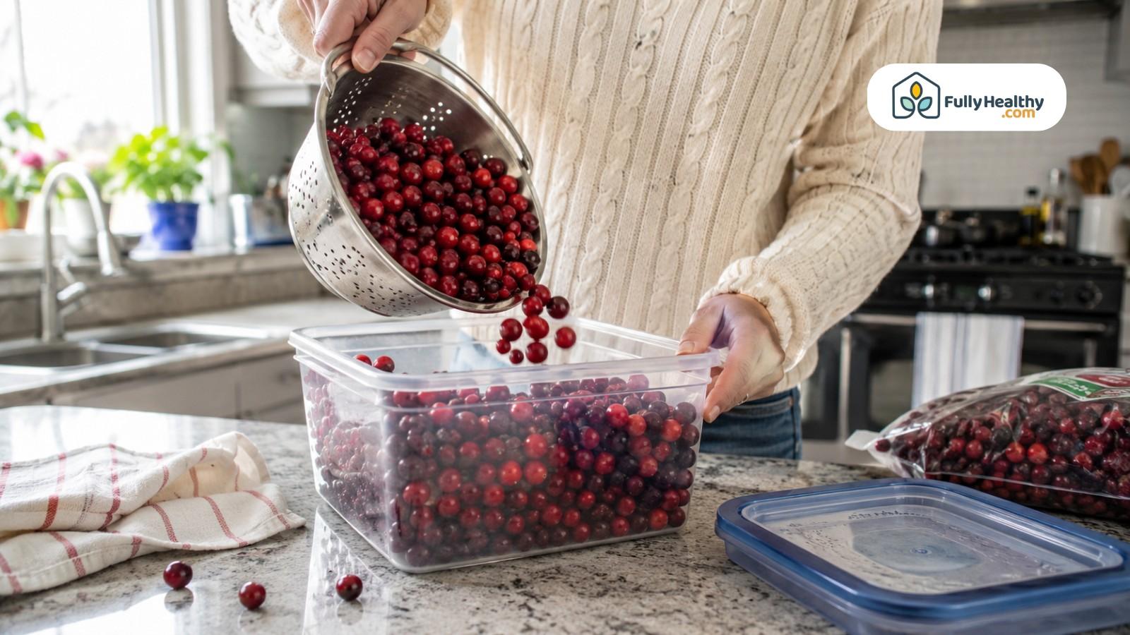 Person pouring fresh cranberries into airtight container in bright home kitchen