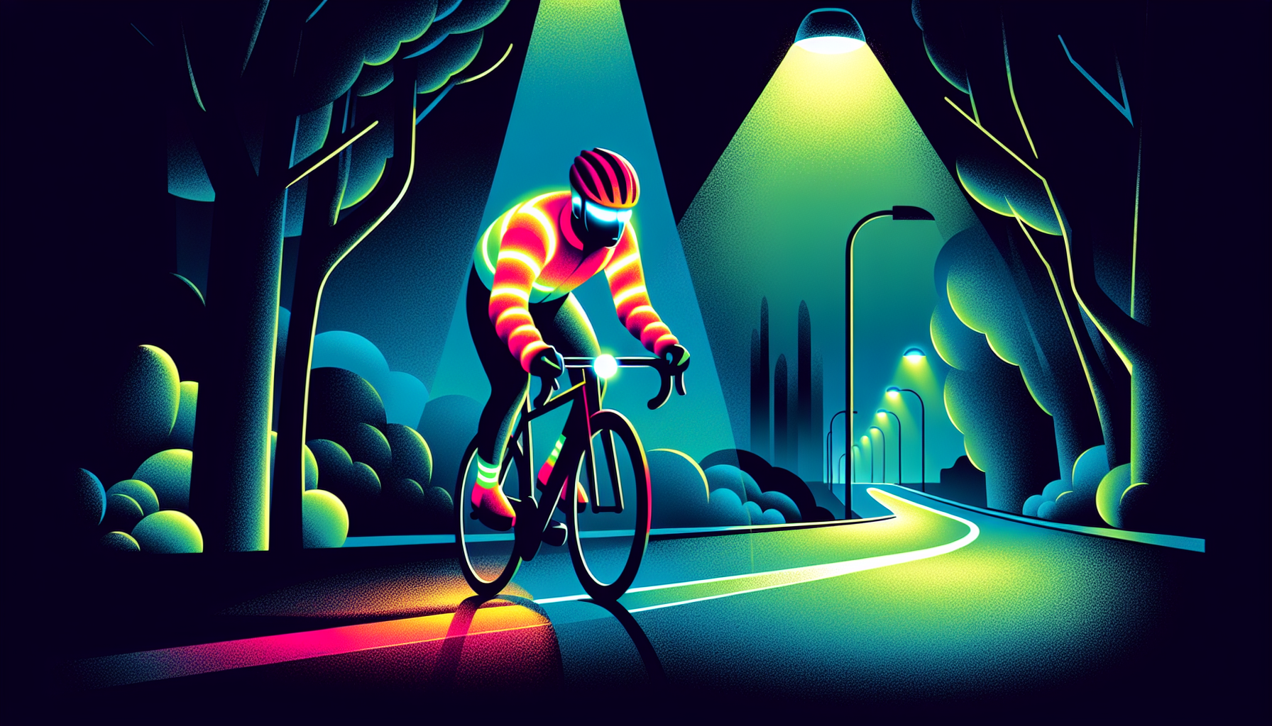 Illustration of a cyclist riding at night, wearing bright clothing and using lights for visibility.