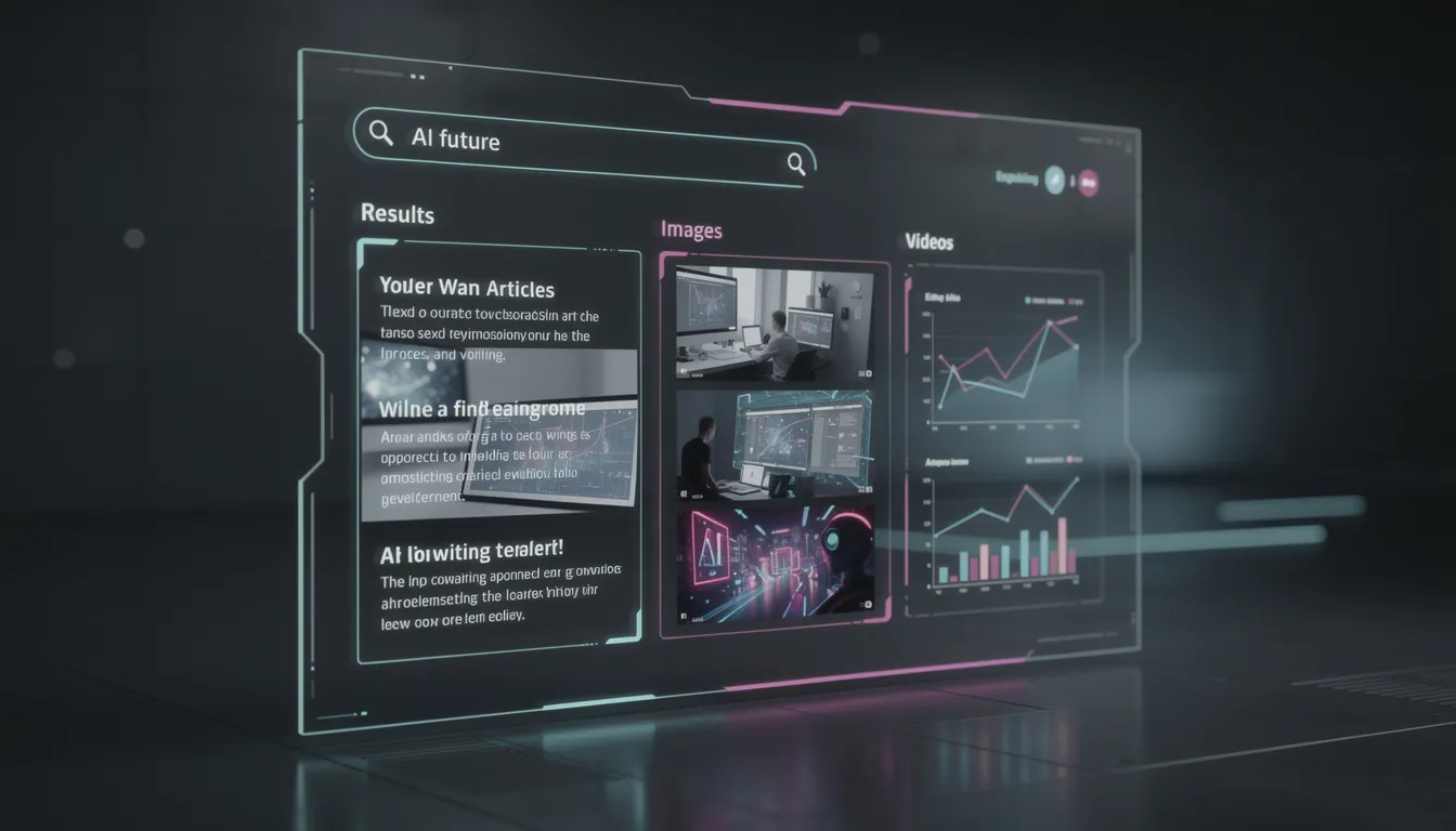 Die futuristische Benutzeroberfläche zeigt Suchergebnisse von KI-Systemen, die verschiedene Inhaltstypen präsentieren, darunter Texte, Bilder und Videos. Diese Darstellung verdeutlicht die Optimierung von KI-Suchanfragen und die Integration von generativen Engine-Optimierungen für eine verbesserte Sichtbarkeit in Suchmaschinen.