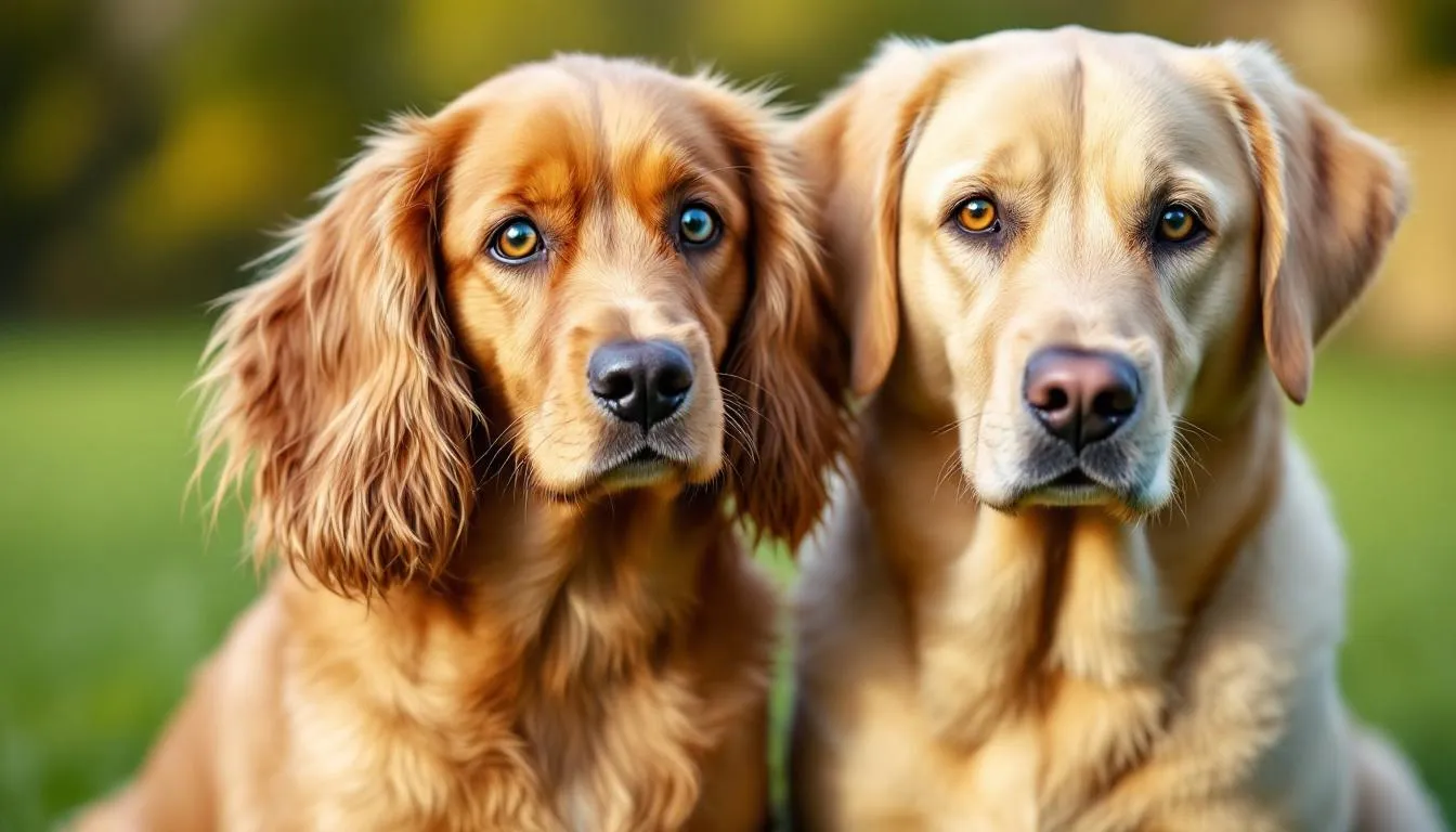 A group photo featuring various dog breeds, including Cocker Spaniels and Labrador Retrievers, commonly affected by hereditary cataracts. These breeds are known for their susceptibility to cataract formation, which can lead to vision loss if left untreated.