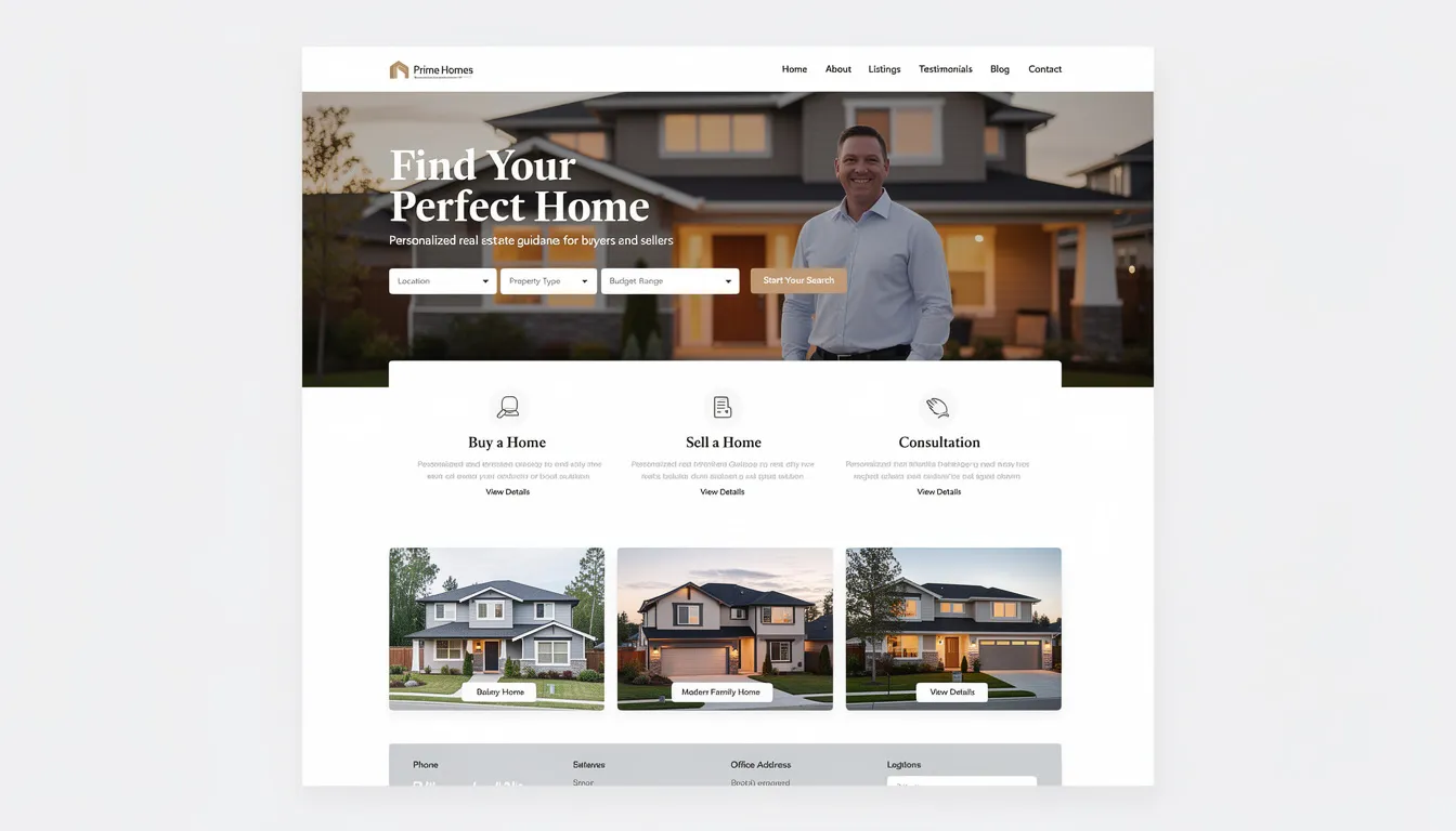 The image depicts a sleek, modern real estate agent website showcasing property listings with a user-friendly interface. It highlights features such as IDX integration, responsive design, and powerful lead capture tools, all designed to enhance the user experience and facilitate MLS searches.
