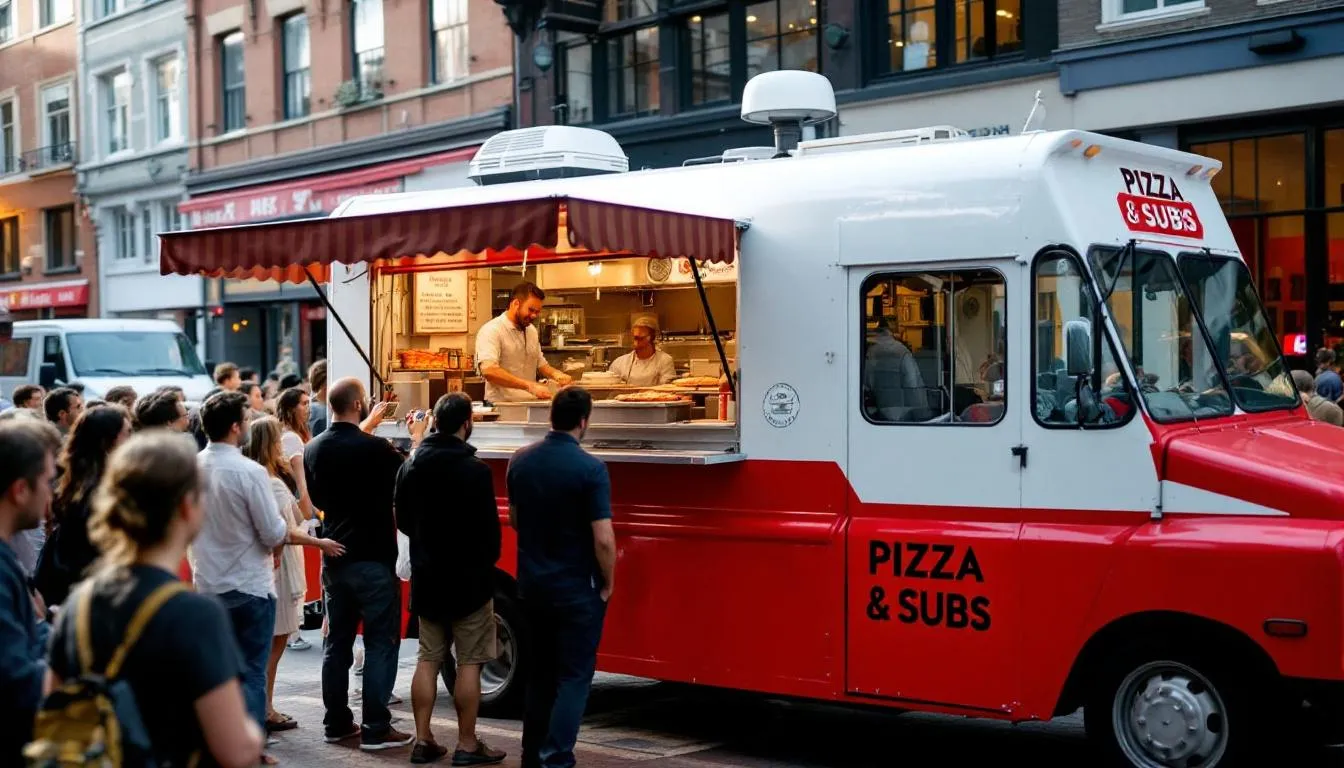 The image depicts a vibrant food truck business specializing in pizza and subs, showcasing a colorful truck parked in a busy street, with happy customers enjoying their meals. This successful venture represents the thriving small businesses in Wyoming, supported by resources like the Wyoming Business Council and local funding options.