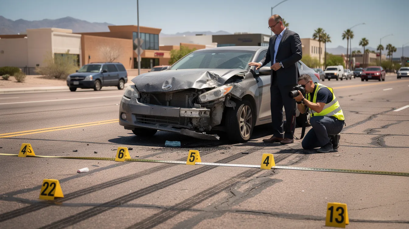 A personal injury attorney and investigator are seen examining a damaged vehicle at a Phoenix car accident scene, taking photographs of skid marks on the roadway. Evidence markers and measuring tape are positioned nearby, while palm trees and urban buildings are visible in the background under bright Arizona daylight, highlighting the legal process involved in personal injury claims.