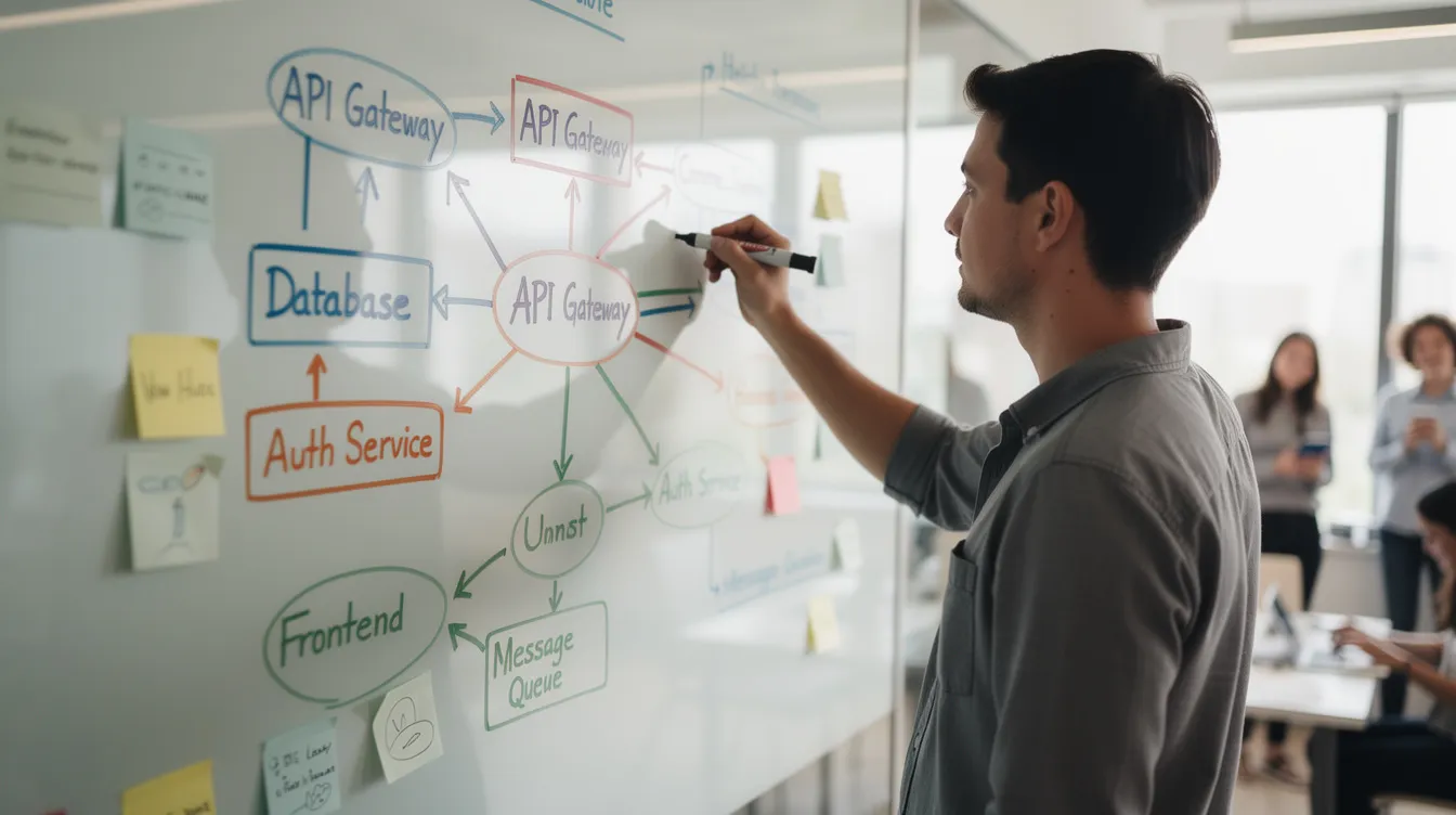 The image shows a person engaged in drawing a system architecture diagram on a whiteboard using colorful markers in a collaborative workspace. The diagram likely incorporates elements related to generative AI, such as large language models and machine learning, illustrating concepts like model weights and data quality.