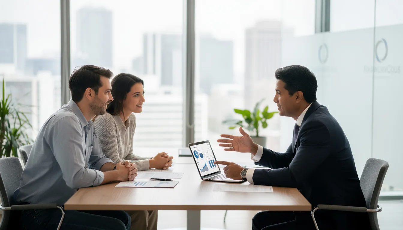 A professional advisor is seated at a modern office table, engaging in a discussion with a couple about their investment goals and financial strategies. The setting reflects the financial services industry, emphasizing a collaborative approach to managing assets and planning for the future.