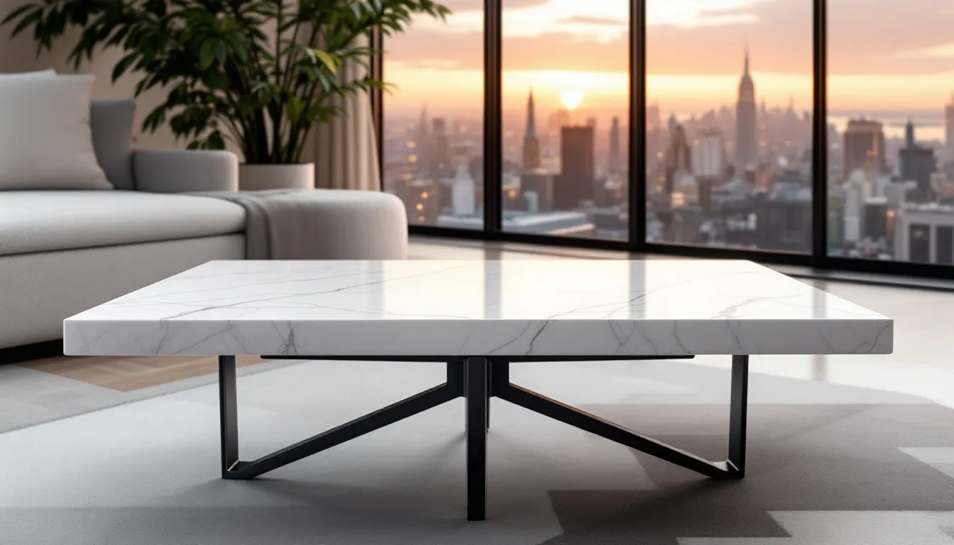 A marble coffee table adding elegance to a living room design.