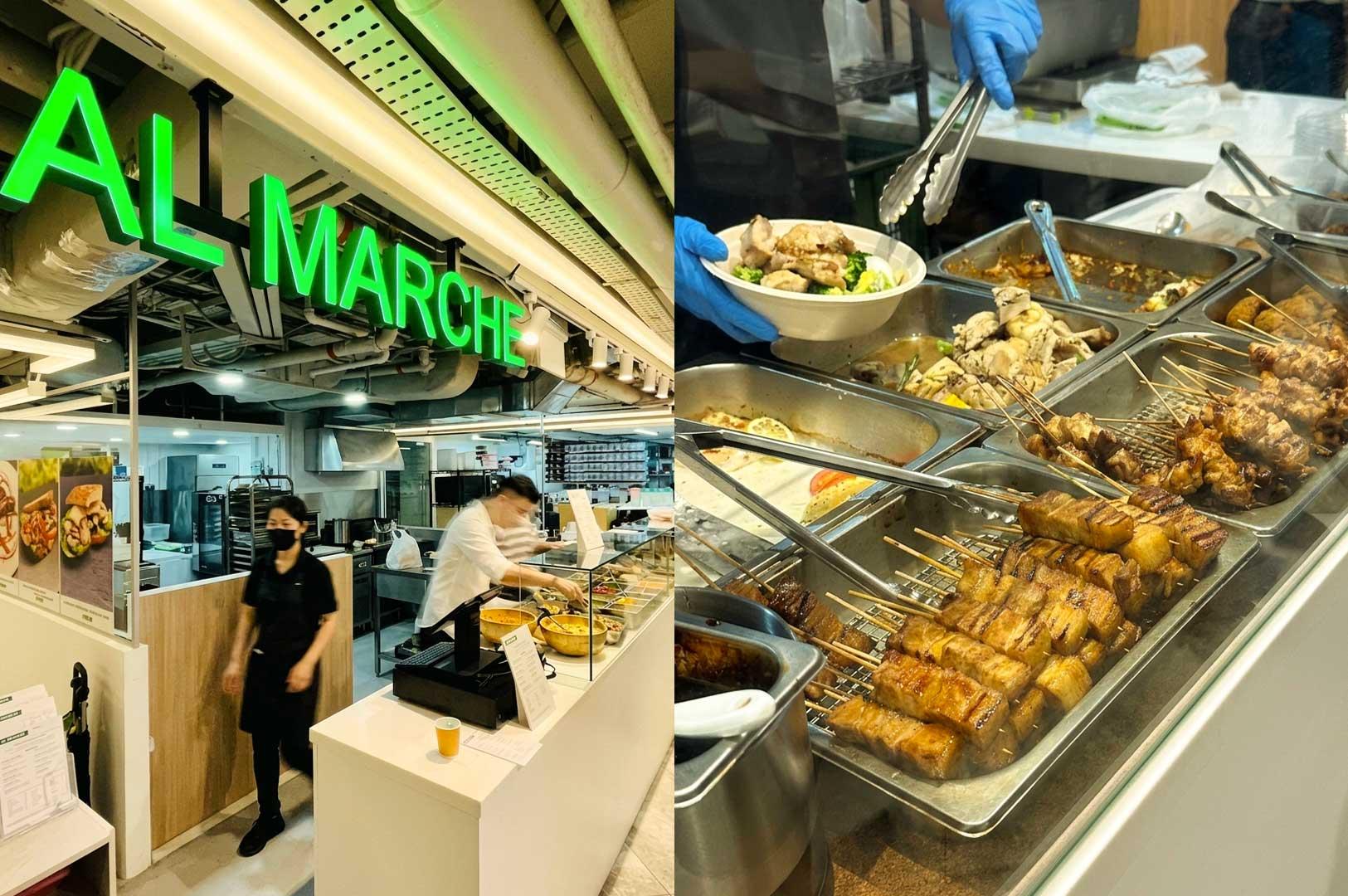 Left Panel: The modern storefront featuring bright green neon signage reading "AL MARCHE," an open service counter with staff preparing meals, and framed food photos on the wall. Right Panel: A close-up view behind the glass counter showing metal buffet trays filled with grilled pork belly skewers, chicken skewers, roasted meats, and vegetables, with gloved staff plating a bowl using metal tongs.
