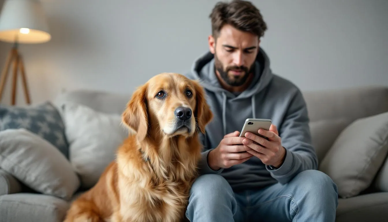 A concerned pet owner is on the phone with a veterinarian, closely observing their dog for symptoms of onion toxicity after the dog may have eaten onions. The owner appears anxious while discussing the potential effects of onions on their dog