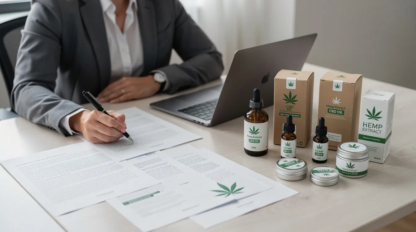 A person is reviewing printed documents on a clean desk, surrounded by containers of hemp derived products, including hemp flower and other consumable hemp products. This scene highlights the growing hemp industry and the importance of understanding the legal status of hemp derived THCA in relation to federal and state laws.