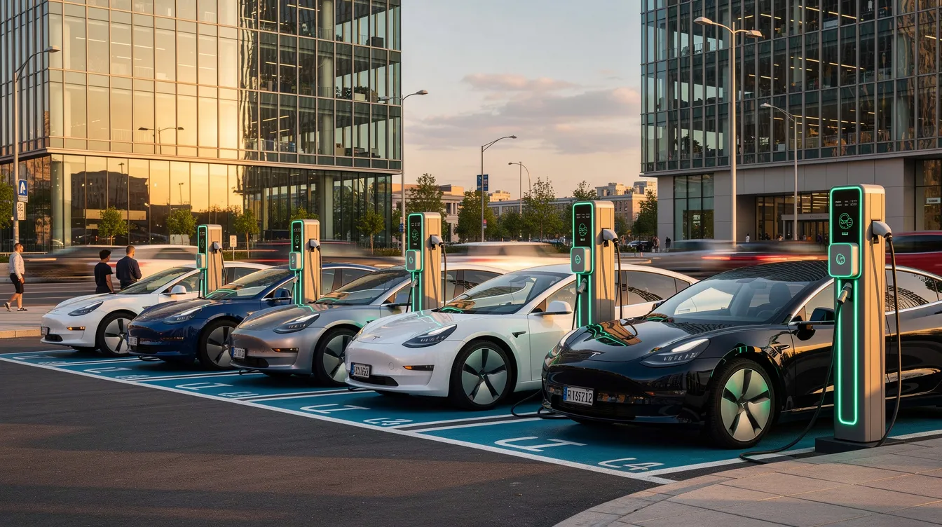 Eine moderne städtische Umgebung zeigt mehrere Elektrofahrzeuge, die an innovativen Ladestationen aufgeladen werden. Diese Szene spiegelt den Fortschritt im Bereich der Elektromobilität wider, der auch von ehemaligen Rennfahrern wie Nico Rosberg und seinem Engagement in der nachhaltigen Technologie beeinflusst wird.