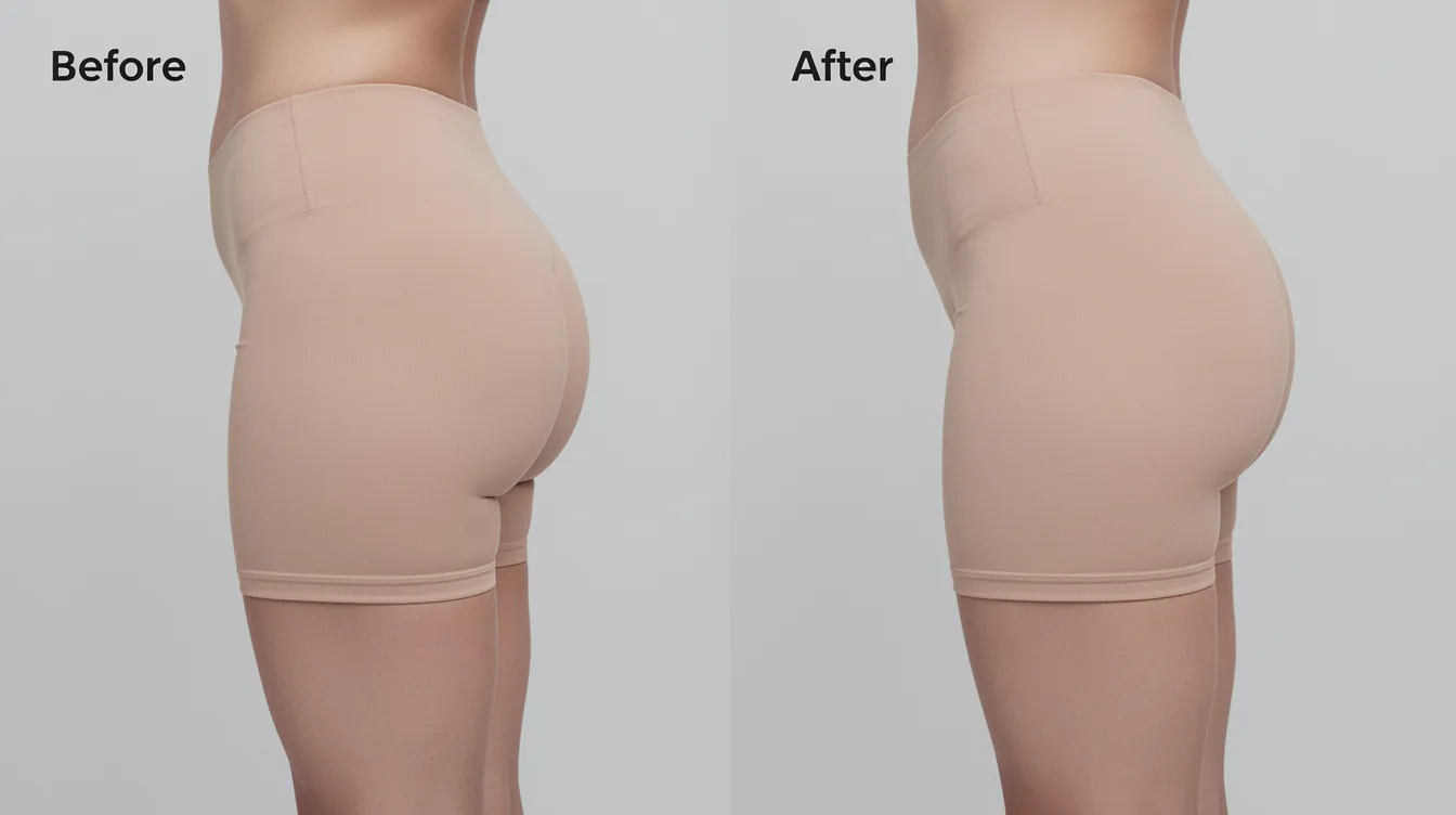 The image depicts a side-by-side silhouette of a woman's lower body, highlighting subtle enhancements in the shape and projection of her buttocks, likely achieved through procedures such as a Brazilian butt lift or buttock augmentation. The contrasting views showcase the effects of cosmetic enhancements, illustrating the desired results of body contouring techniques.