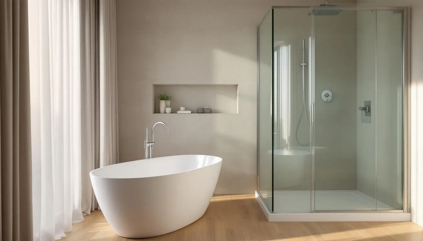 A combination of a shower and tub in a stylish bathroom setting.