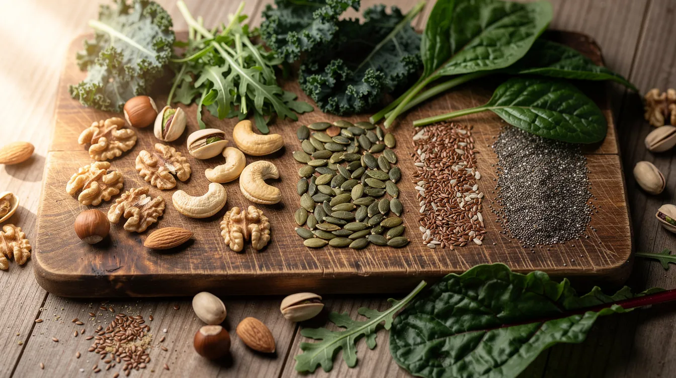 The image features a variety of nuts, seeds, and leafy greens beautifully arranged on a wooden cutting board, highlighting nutrient-rich foods that can support energy levels and improve physical performance. This colorful assortment serves as a reminder of the health benefits of incorporating iron-rich foods and dietary supplements into a balanced diet for enhanced energy production and cognitive function.