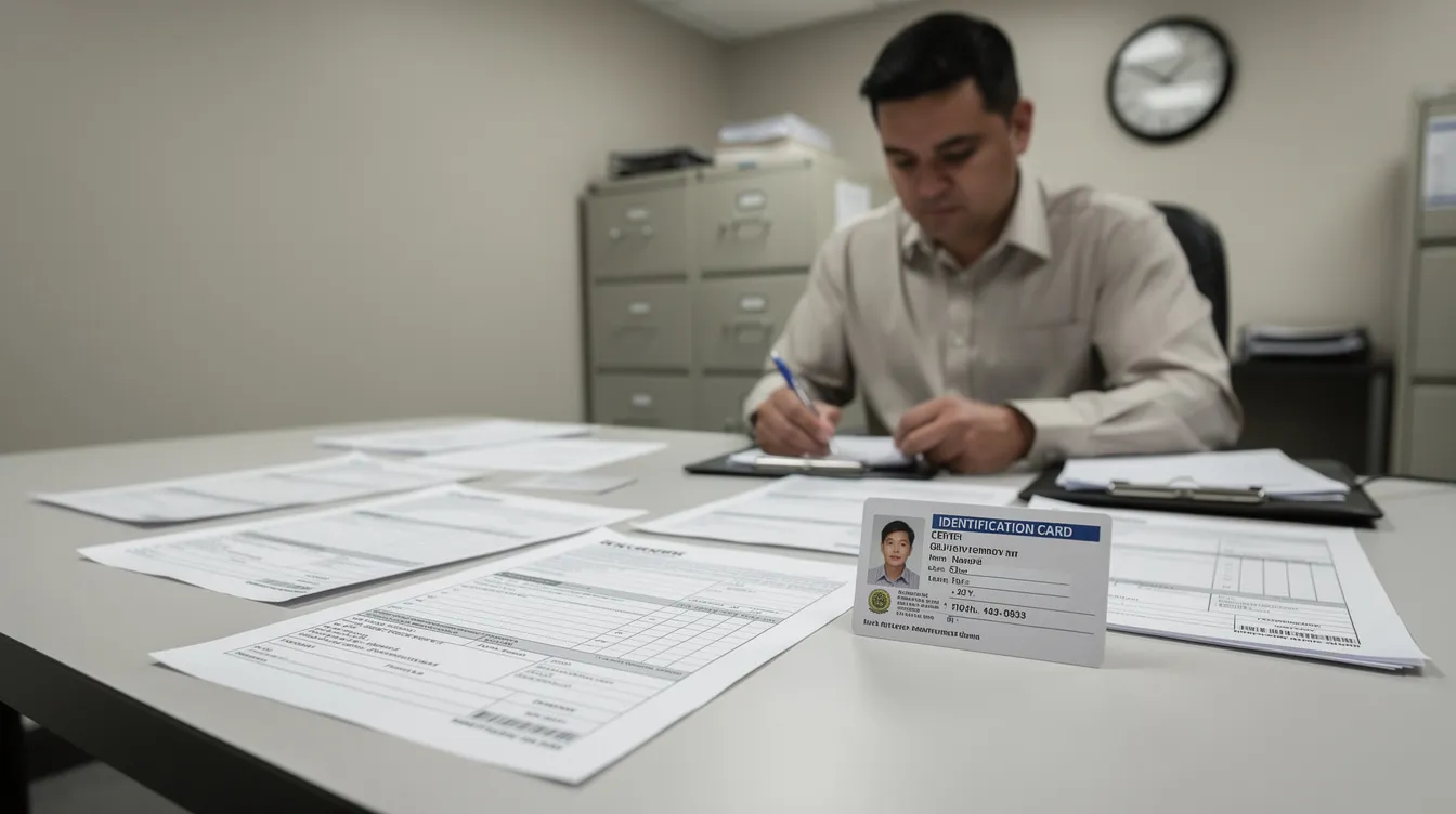 A person is seated at a desk, surrounded by paperwork and an identification card, diligently filling out official forms related to gun laws and concealed carry permits. The scene suggests a focus on registration requirements and compliance with the regulations set forth by the metropolitan police department in Washington, D.C.