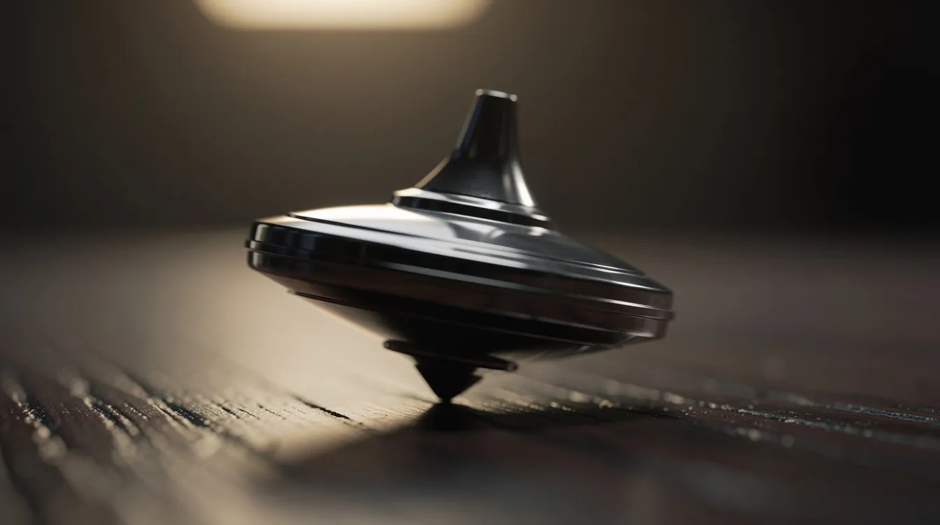 Ein metallener Kreisel dreht sich auf einer dunklen Holzoberfläche, während warmes Gegenlicht eine sanfte Unschärfe erzeugt. Dieses Bild erinnert an die Traumwelt aus dem Film "Inception", in dem Kontrolle und Realität auf faszinierende Weise miteinander verwoben sind.