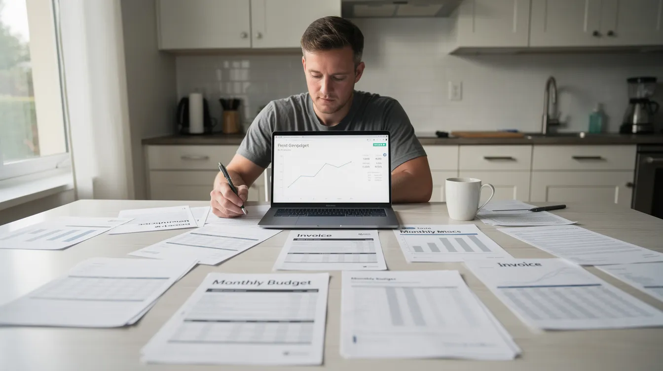 A person is sitting at a kitchen table, focused on a laptop with various financial documents, including home equity loan rates and repayment terms, spread out in front of them. The scene suggests a deep engagement with personal finance topics, possibly related to home equity and debt consolidation.