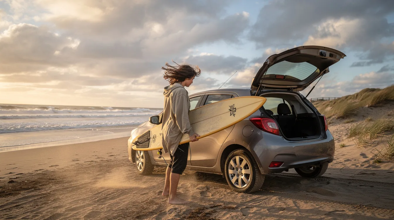Surfer loading a shortboard into the boot of a compact car next to a beach.