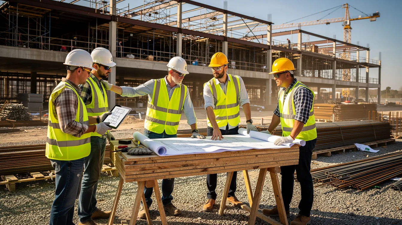 A group of skilled construction workers, wearing safety vests and hard hats, collaborate on a commercial building jobsite, showcasing the commitment to safety and teamwork in the construction industry. Their efforts reflect the dedication to improving productivity and supporting the workforce through training programs and apprenticeship opportunities.