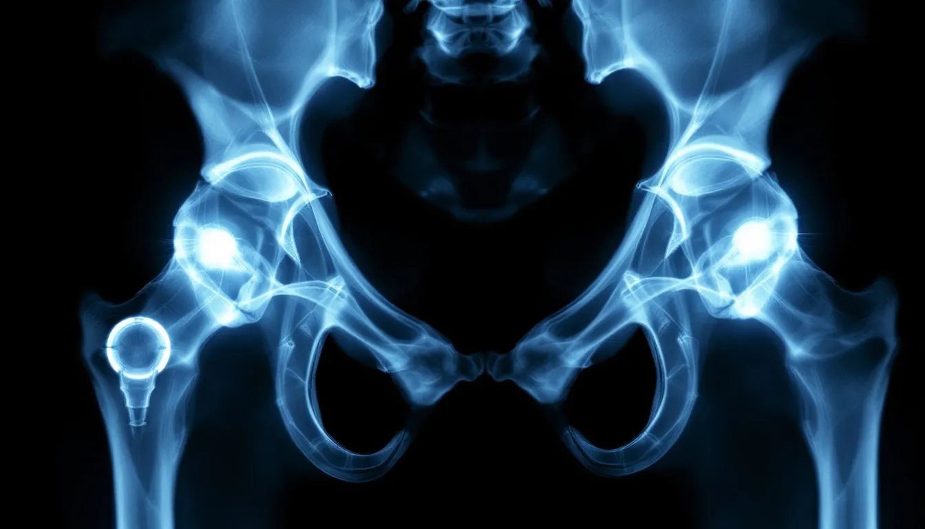 An X-ray image displays total hip replacement implants in a dog, highlighting the artificial components within the hip joint, which is a common surgical intervention to treat hip dysplasia in dogs, especially in large breed dogs. The image illustrates the ball and socket joint, essential for understanding the surgical procedure and its role in alleviating joint pain associated with canine hip dysplasia.