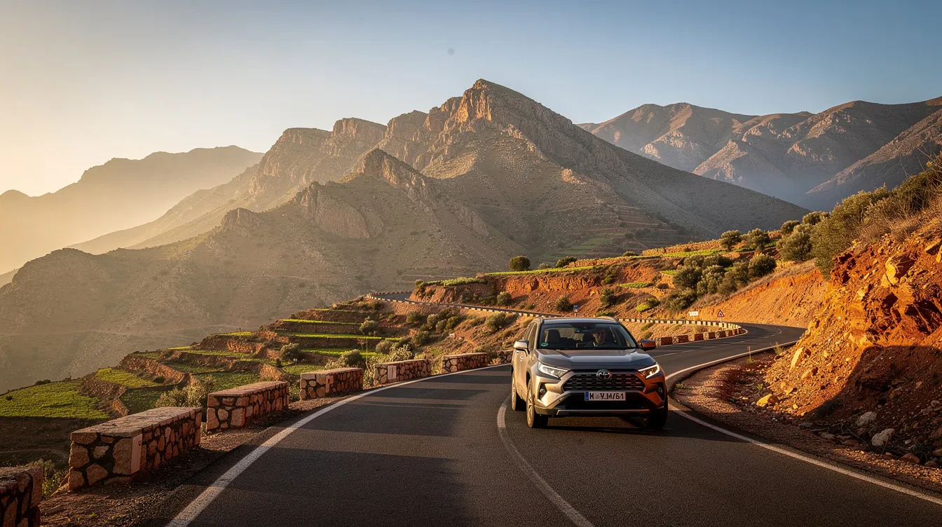 An SUV navigates a winding mountain road in the scenic Rif region of Morocco, showcasing the stunning landscape and the freedom of a road trip. This image evokes the idea of renting a car in Nador, perfect for exploring the beautiful countryside at your own pace.
