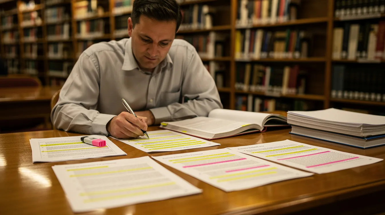 A person is seated at a library table, reviewing printed reports and highlighted pages, likely preparing for an academic position paper. The individual is focused on organizing their thoughts and gathering relevant evidence to support their arguments and proposed solutions.