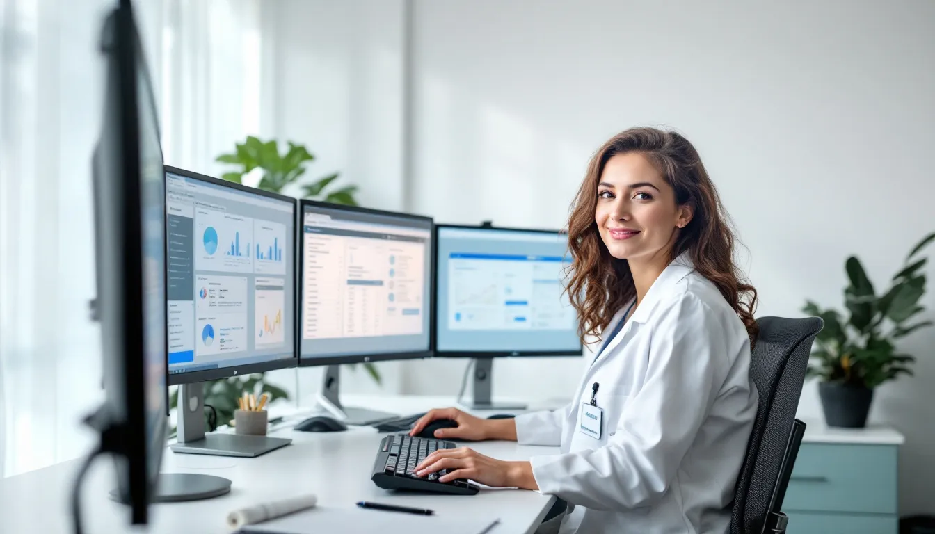 A healthcare professional is focused on multiple computer screens displaying electronic health records, emphasizing the importance of collecting accurate patient data and managing medical records efficiently in a clinical setting. This environment highlights the role of data collection systems in improving healthcare outcomes and supporting healthcare providers.