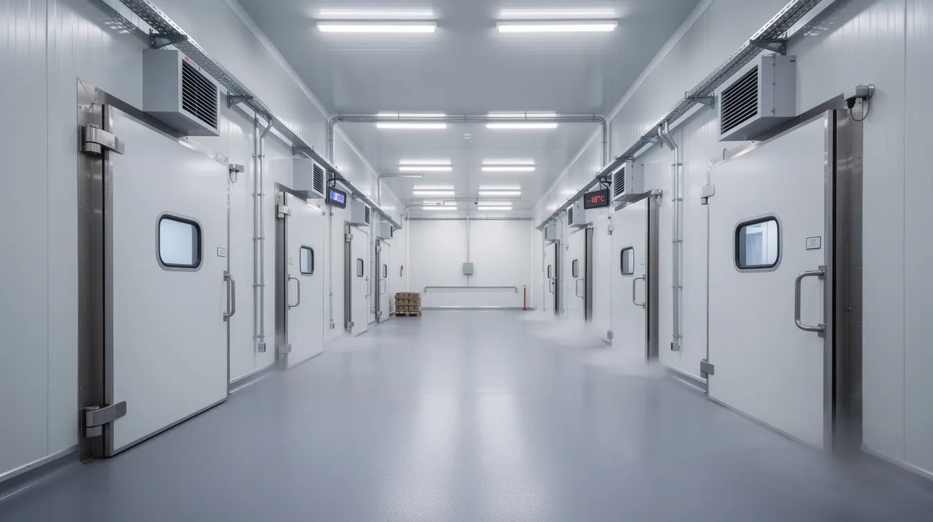 79ad8562 6f56 40b1 89d3 7080fa02174d The image depicts a large industrial walk-in cold storage room, featuring insulated panels and heavy-duty doors, designed for optimal temperature control in an ice cream plant. This facility is essential for maintaining the quality and durability of ice cream products, accommodating various manufacturing requirements and ensuring efficient storage capacity.