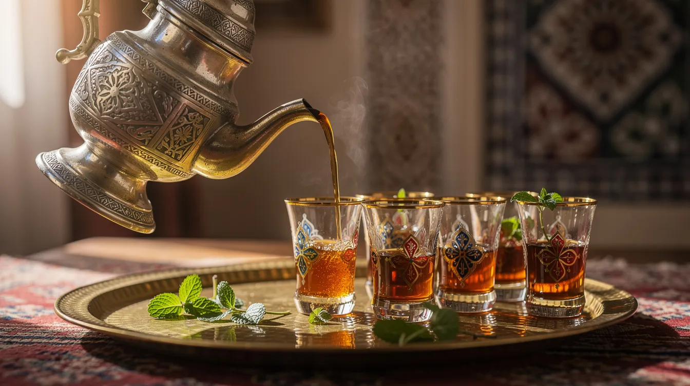 An ornate Moroccan silver teapot gracefully pours sweet mint tea into intricately designed glasses on a brass tray, showcasing the rich culture and traditions of Morocco. This scene captures a delightful moment that reflects everyday life in this beautiful country, perfect for those planning a trip to Morocco.