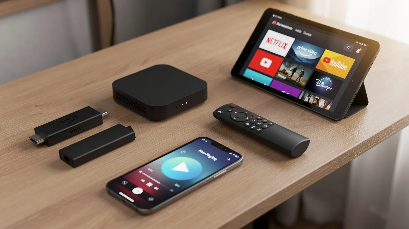 The image depicts a tabletop arrangement featuring various streaming devices, including a Fire TV Stick, a compact Android TV box, a tablet, and a smartphone, all positioned near a TV remote, showcasing the compatibility of these devices for accessing IPTV services and streaming live TV channels.