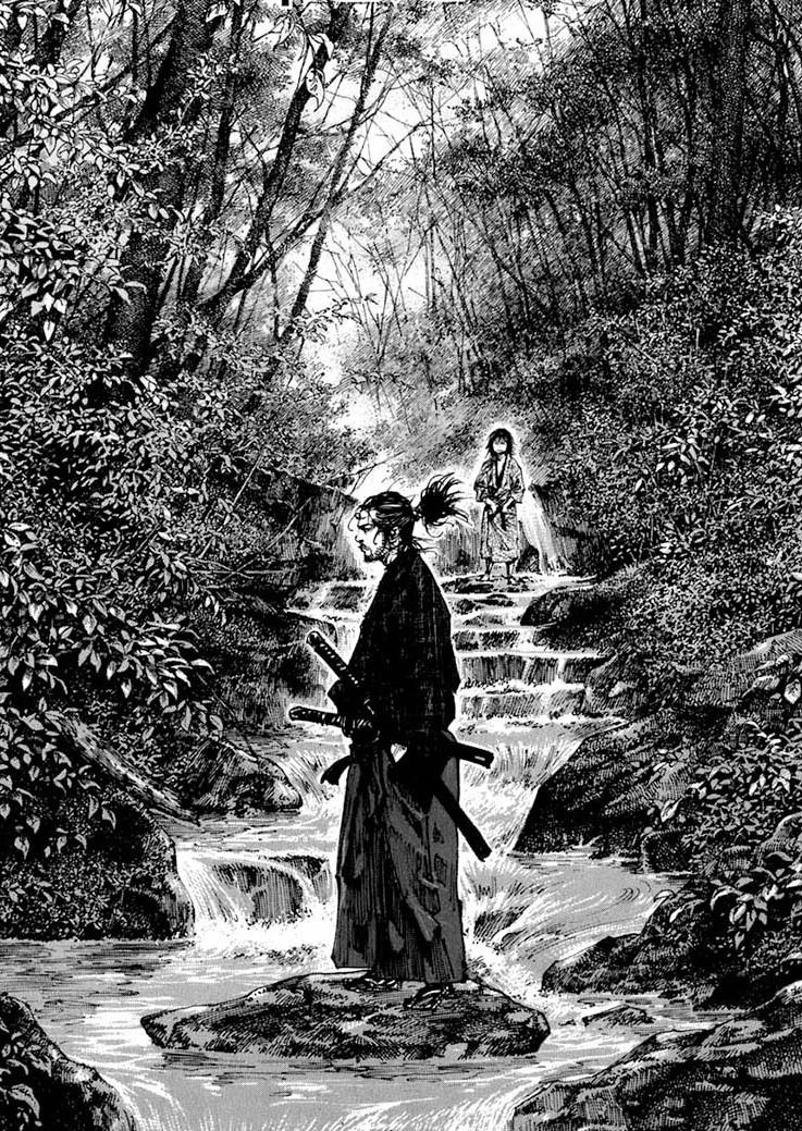 Young Takezo and adult Musashi standing near waterfall from vagabond