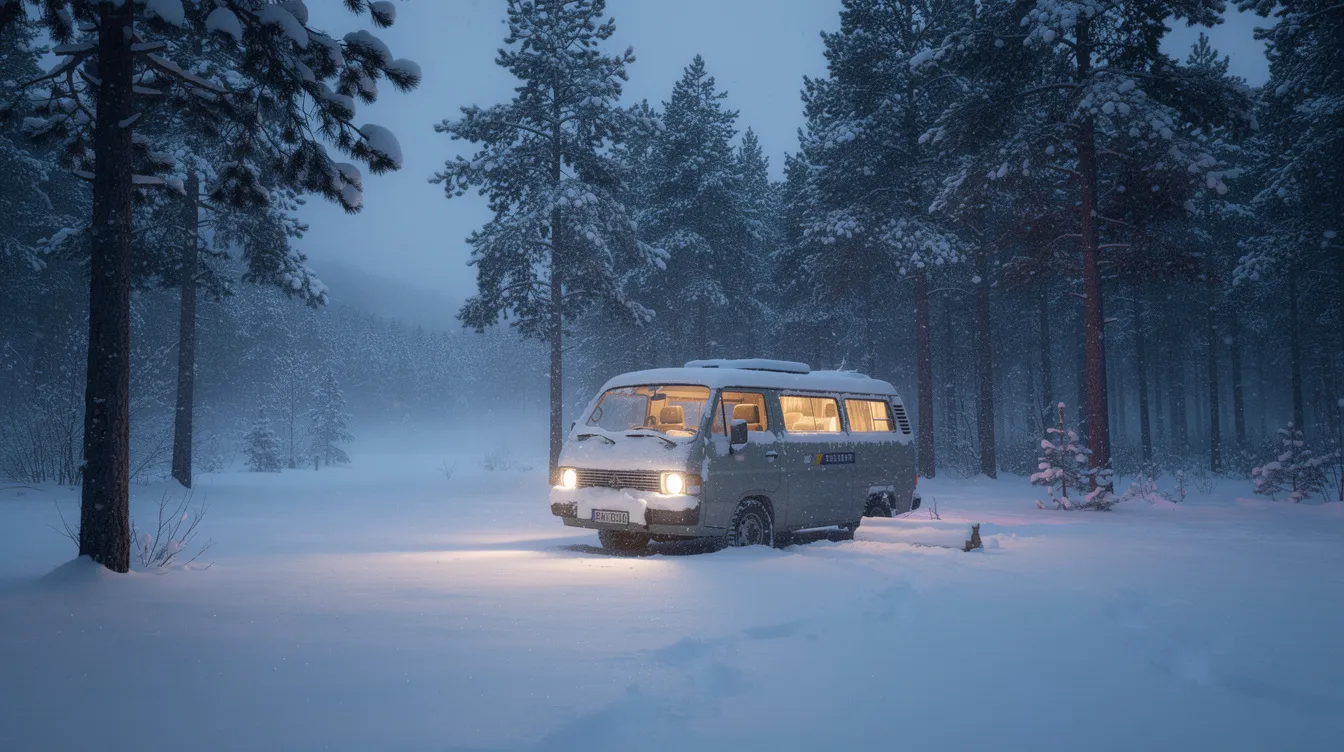 A cozy camper van is parked in a snowy forest, illuminated by warm cabin lights that contrast beautifully with the cold surroundings. This scene evokes a sense of comfort, reminiscent of the warmth provided by electric heating pads, perfect for those chilly winter nights.