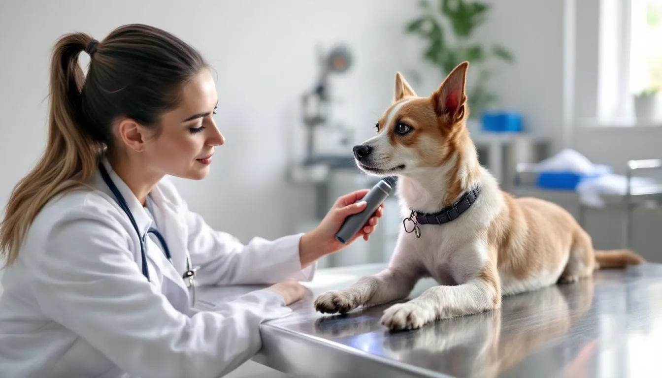 A veterinarian is examining a small dog