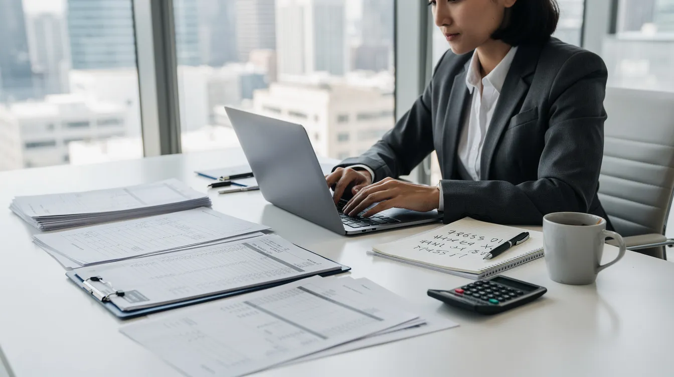 The image depicts a professional diligently working on a laptop at a modern office desk, surrounded by various financial documents and invoices, highlighting the importance of accurate financial records and the audit process for business owners. This scene emphasizes the need for thorough audits and compliance in today's business landscape to ensure financial clarity and efficiency.