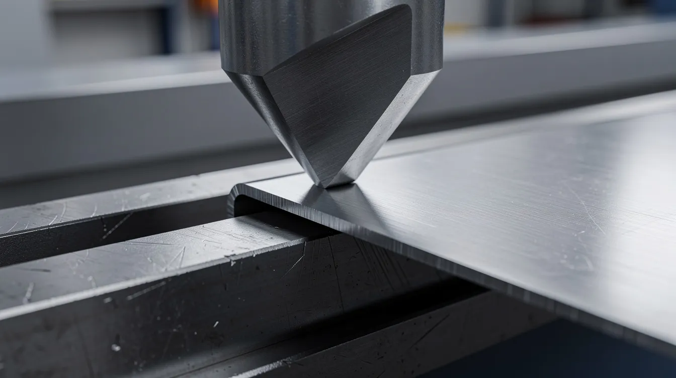 A close-up image shows a V-shaped punch descending into a die as a piece of stainless steel sheet undergoes the bending process to form a 90-degree angle. The image highlights the precision of sheet metal bending, emphasizing the importance of achieving the desired bend angle and maintaining tight tolerances in the manufacturing of bent sheet metal parts.